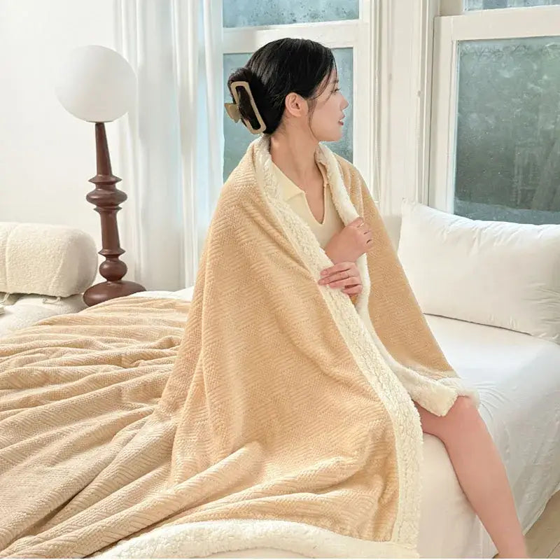Beige and white ribbed coral fleece jacquard blanket with plush textured outer surface and cream fleece lining for bedroom use