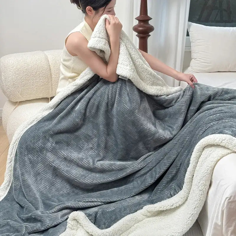 Beige and white ribbed coral fleece jacquard blanket with cozy gray and cream two-sided fleece jacquard design