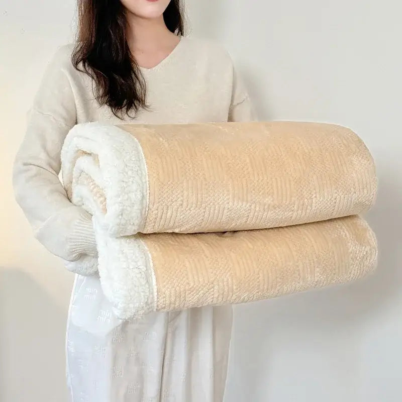 Beige and white ribbed coral fleece jacquard blanket with plush fleece jacquard texture for bedroom throw use