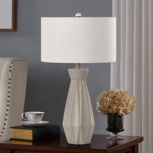 Beige/White Rustic Night Table Lamp with Fabric Drum Shade for Bedside