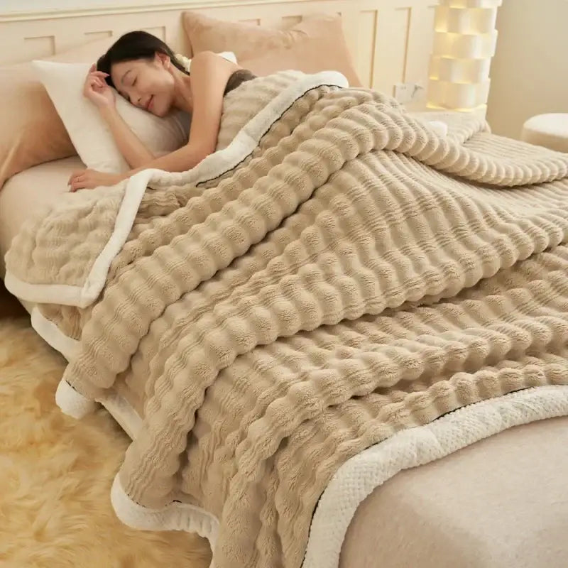 Beige and white striped rabbit plush blanket with soft wavy texture and contrasting white fleece lining by decorbites cozy rabbit