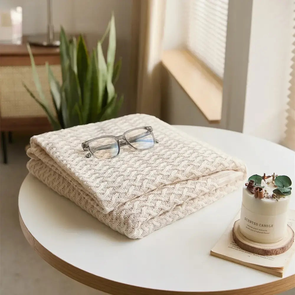 A cream-colored textured cable-knit bamboo throw blanket designed for decorbites cool summer air conditioning use