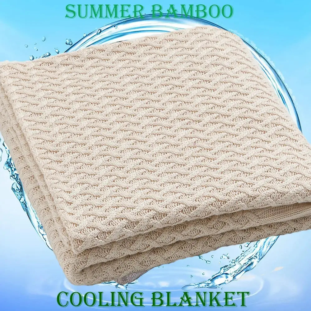 Beige knitted bamboo cooling blanket with textured wave pattern for decorbites cool summer air conditioning use
