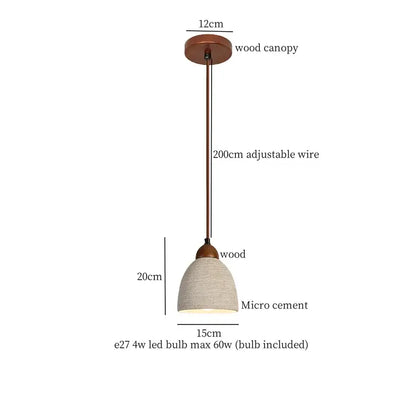 Beige wood grain columnar micro cement pendant light with textured off-white shade and wooden canopy for kitchen decorbites pendant lights