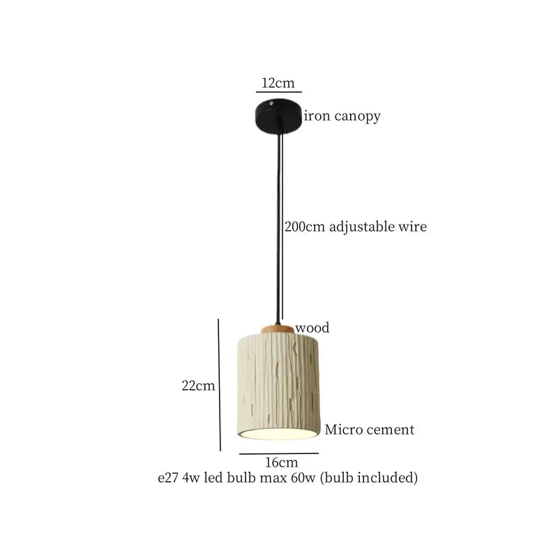 Beige wood grain columnar micro cement pendant light with textured off-white shade and wooden top for kitchen decorbites decor