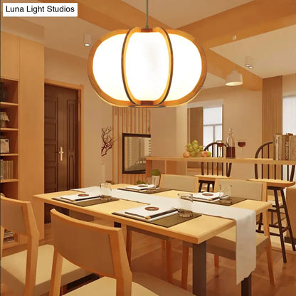 Beige Wood Pendant Lighting: Traditional Round Hanging Lamp for Restaurants - 1 Bulb Kit