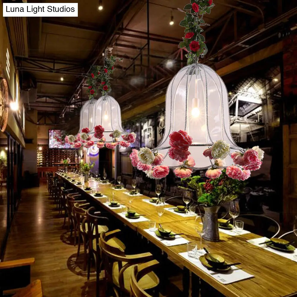 Bell Metallic Pendant Light Kit - Warehouse 1 Bulb Lamp with Artificial Flower Deco for Restaurants