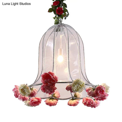 Bell Metallic Pendant Light Kit - Warehouse 1 Bulb Lamp with Artificial Flower Deco for Restaurants