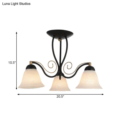 Lámpara de techo DecorBites™ Bell de cristal opalino rústico - Montaje semiempotrado, 3 luces, negra, para dormitorio