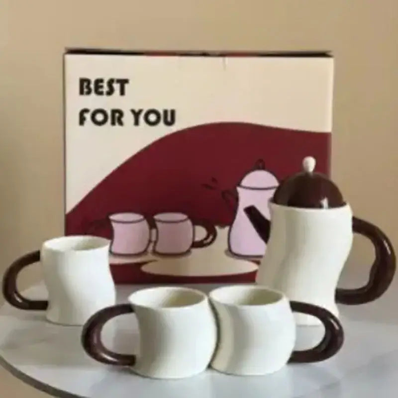 White ceramic bending design ceramic coffee set with brown handles includes teapot pitcher and two mugs for decorbites dining