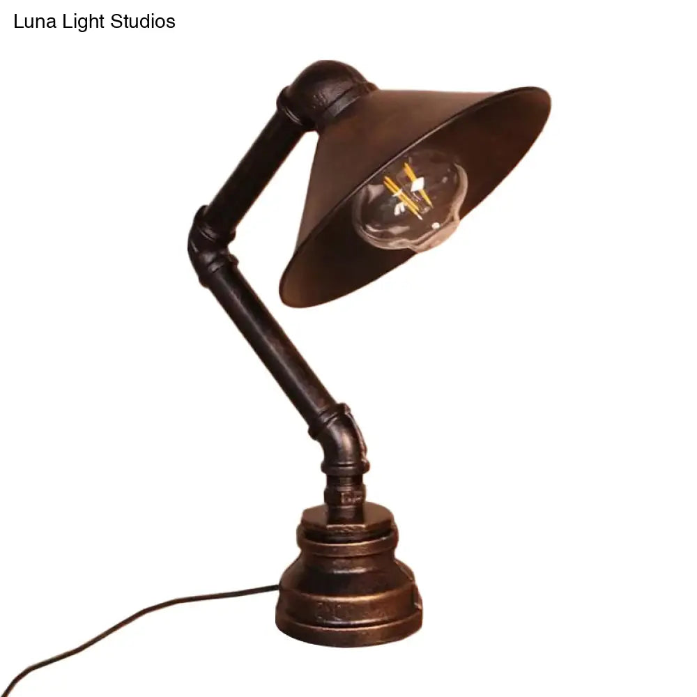 Bent Arm Industrial 1-Light Bedside Table Lamp - Conical Iron, Bronze Finish