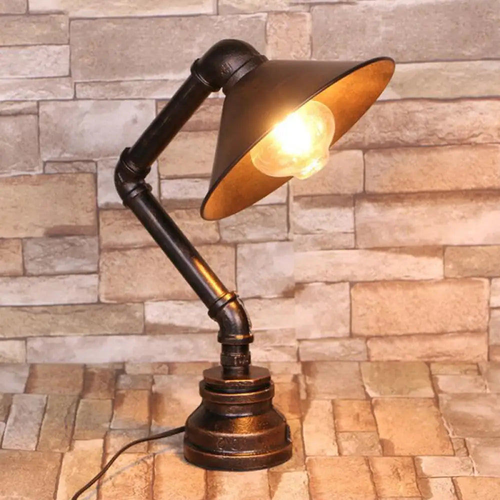 Bent Arm Industrial 1-Light Bedside Table Lamp - Conical Iron, Bronze Finish