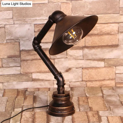 Bent Arm Industrial 1-Light Bedside Table Lamp - Conical Iron, Bronze Finish