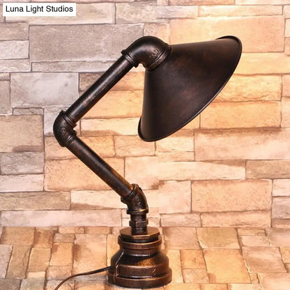 Bent Arm Industrial 1-Light Bedside Table Lamp - Conical Iron, Bronze Finish