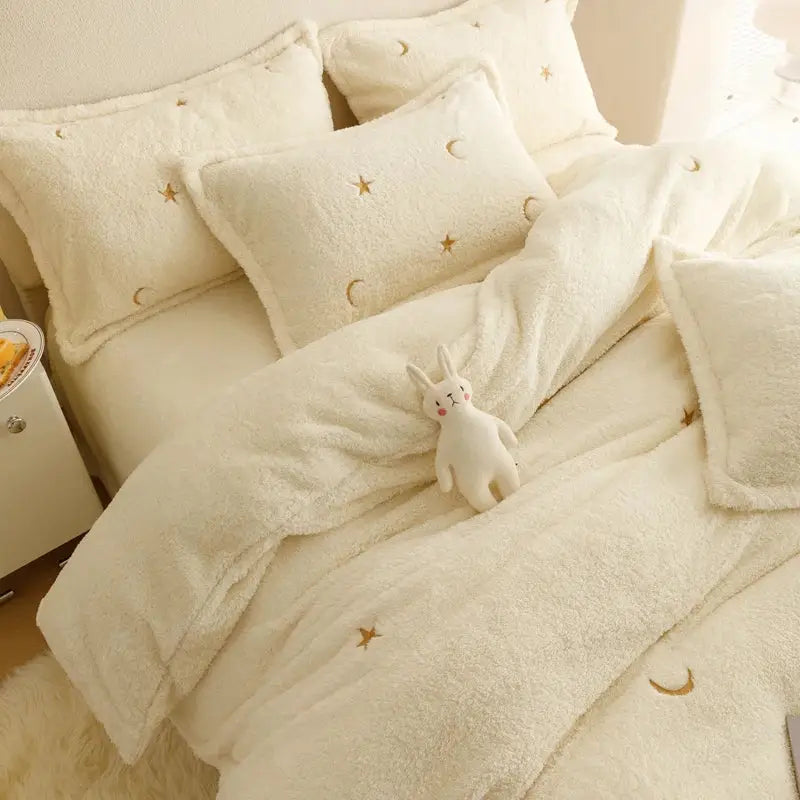 Cream-colored plush bedding set with embroidered gold stars and moons from decorbites berber fleece star collection