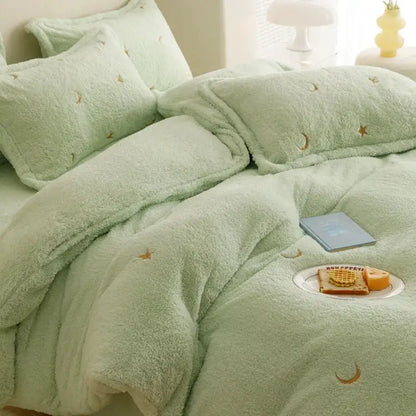 Mint green berber fleece star bedding set with plush fleece and embroidered gold stars and moons by decorbites