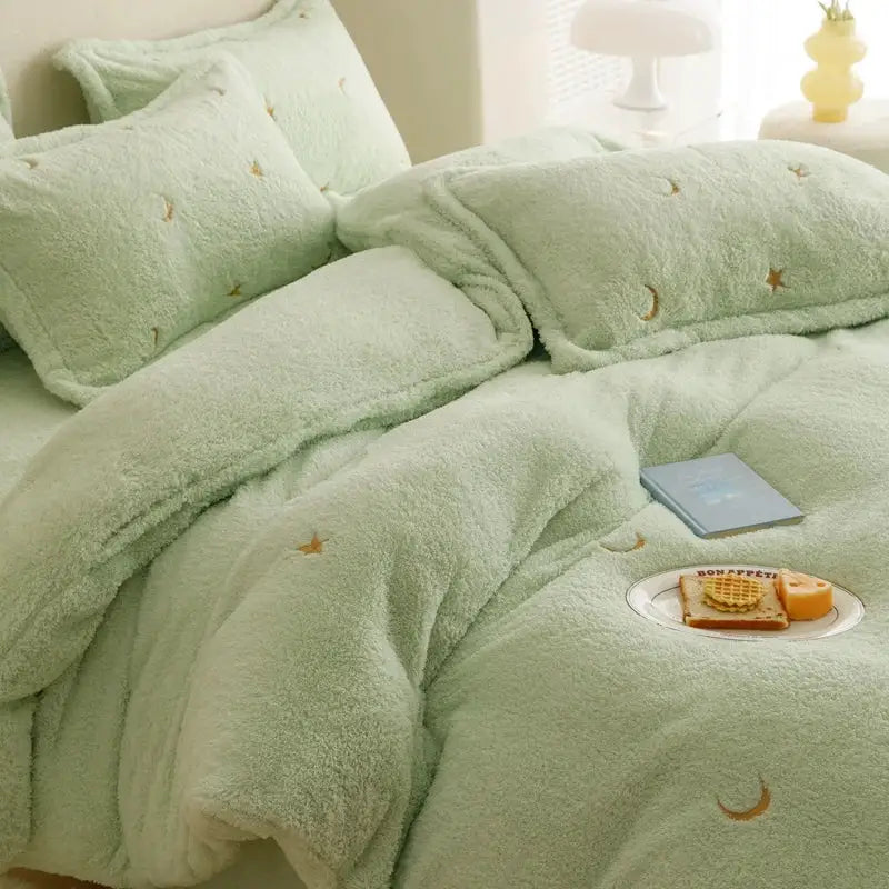 Mint green berber fleece star bedding set with plush fleece and embroidered gold stars and moons by decorbites