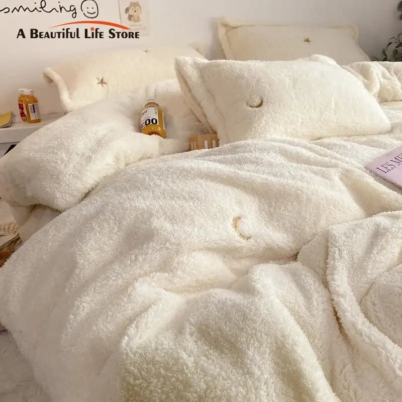 Cream-colored decorbites berber fleece star bedding set with plush texture and embroidered smiley face details