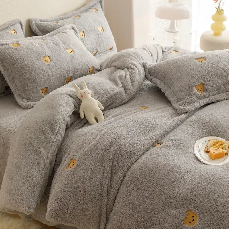 Gray plush fleece comforter set with embroidered yellow bear faces from decorbites berber fleece star bedding set in cream white