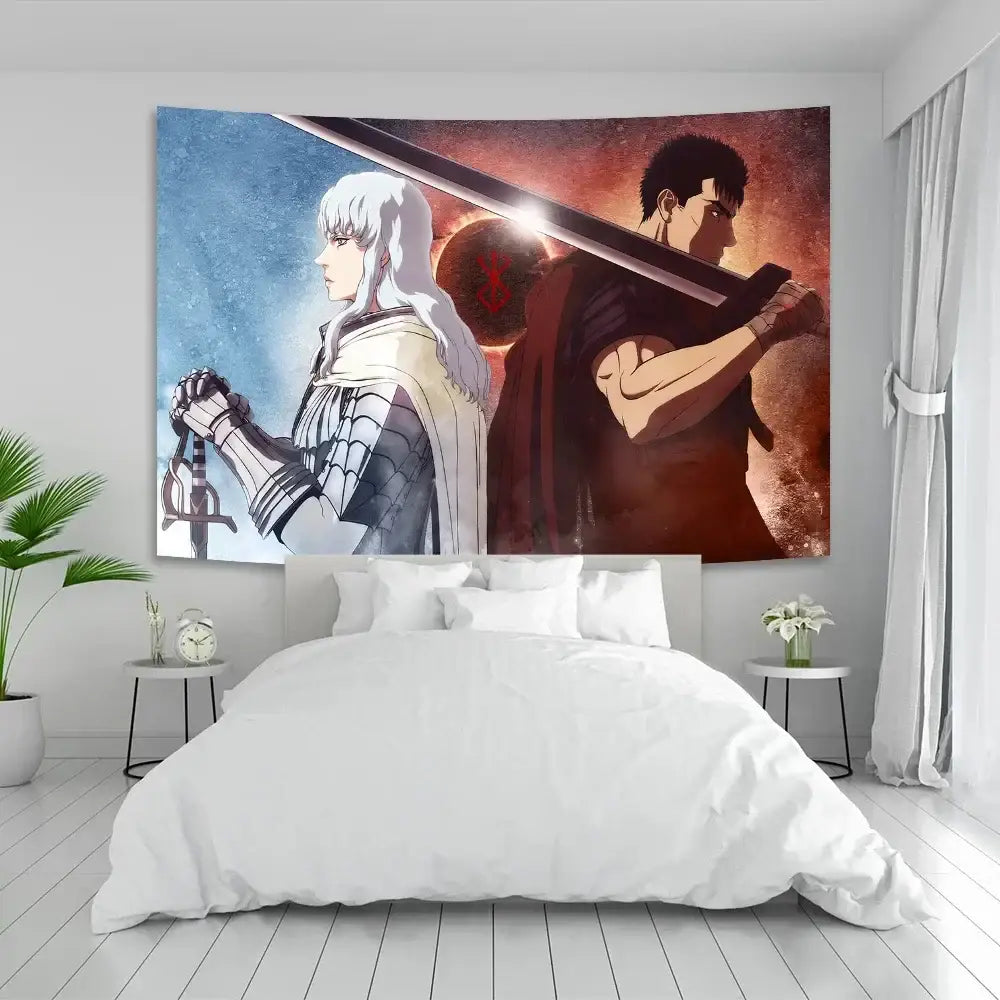 A large rectangular decorbites berserk sacrifice tapestry with white-haired and muscular anime characters in blue and red cosmic backgrounds