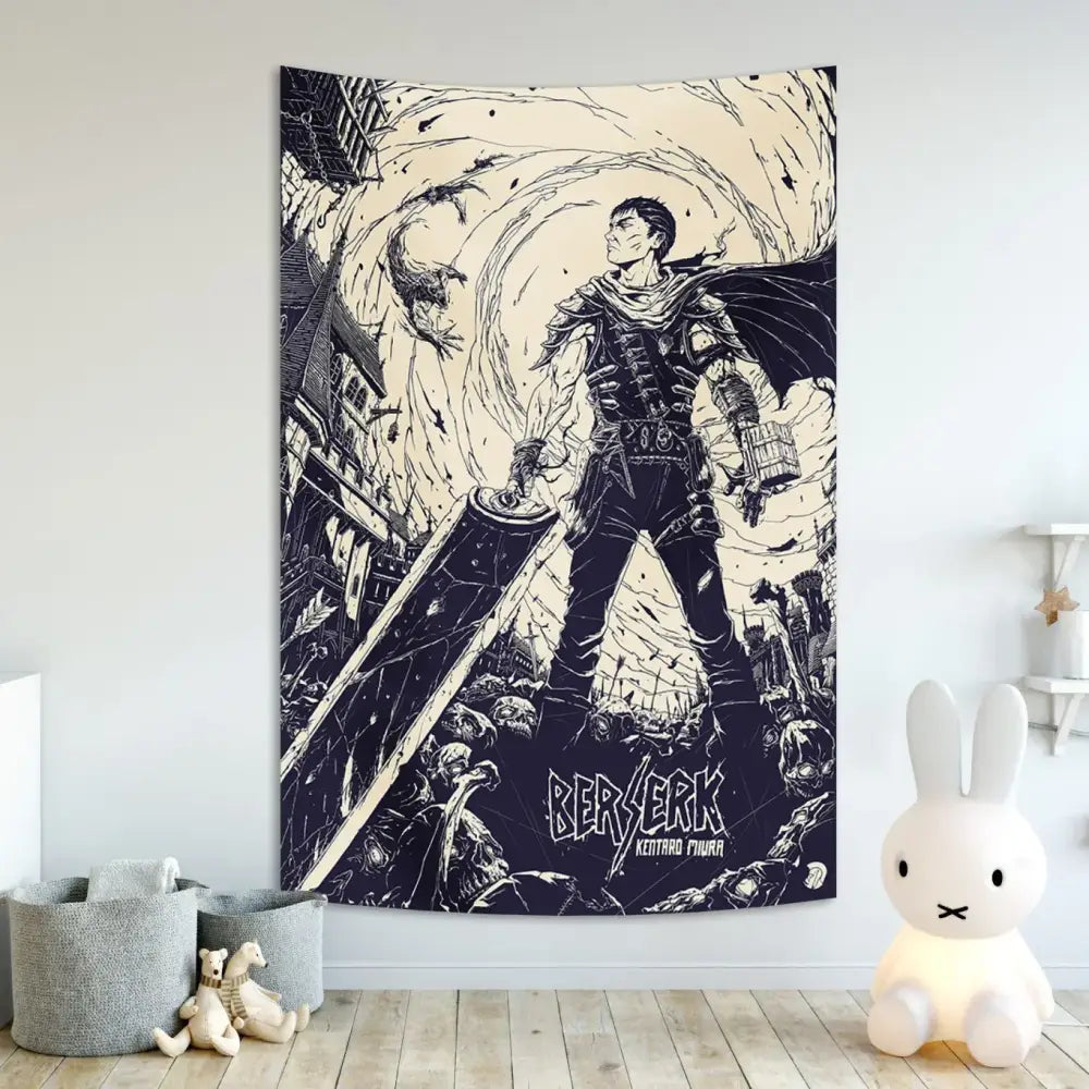 Black and cream berserk sacrifice tapestry by decorbites features berserk in armor with sword amid chaotic battle for bedroom decor