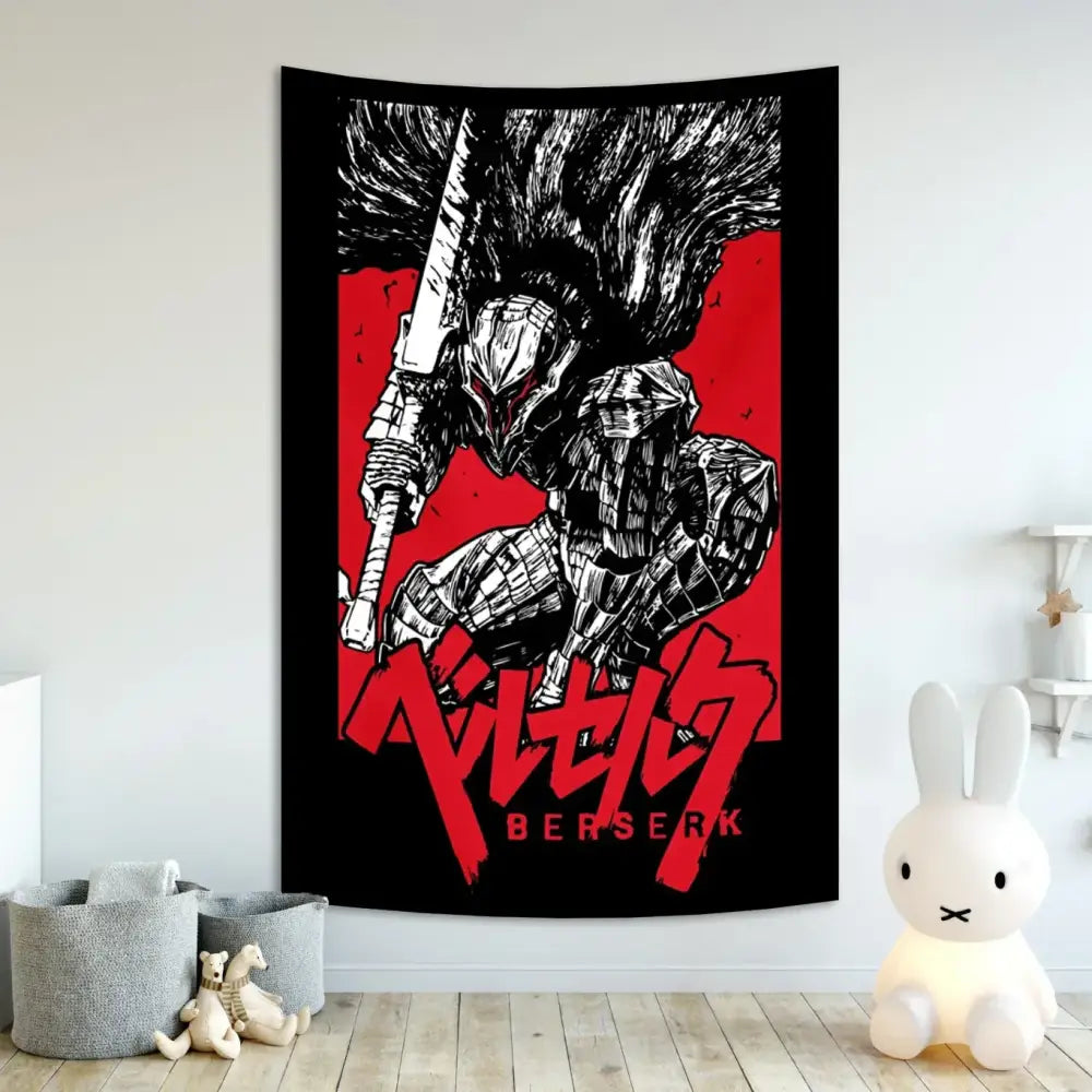 Black and red decorbites berserk sacrifice tapestry featuring stylized guts in armor holding sword for bedroom decor