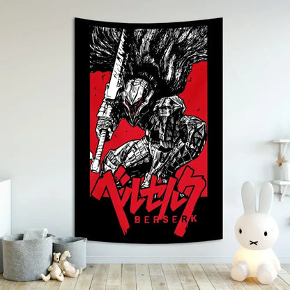 Black and red decorbites berserk sacrifice tapestry featuring stylized guts in armor holding sword for bedroom decor