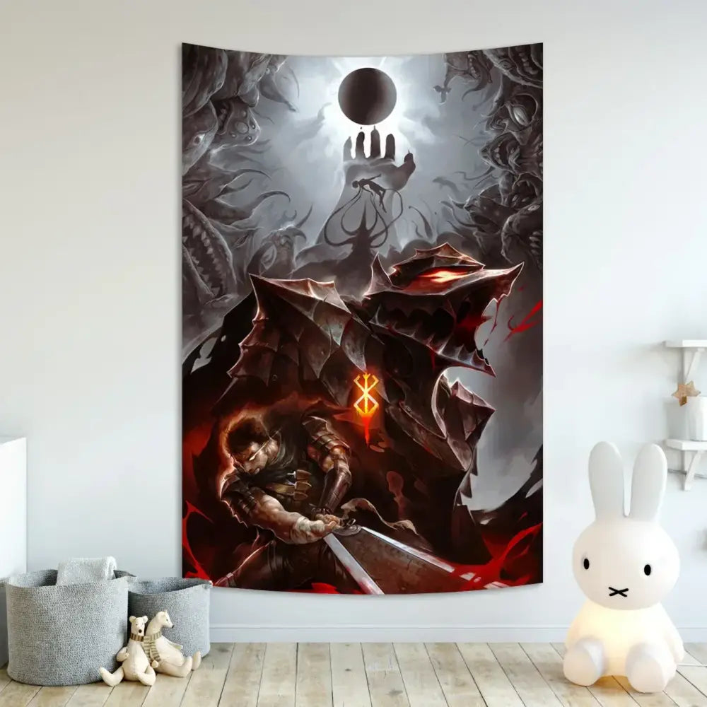 Dark dramatic berserk sacrifice tapestry by decorbites featuring a warrior and creatures under a glowing orb for bedroom decor