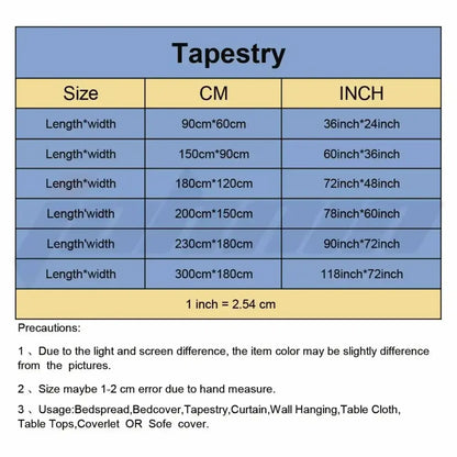 Blue berserk sacrifice tapestry size chart in centimeters and inches with decorbites berserk usage suggestions for wall hanging or bedspread decor
