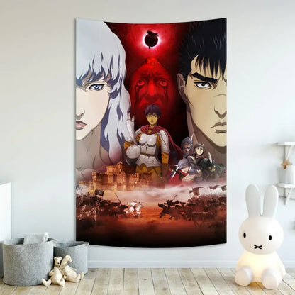 A vibrant rectangular berserk sacrifice tapestry with dramatic red and dark tones for bedroom decor by decorbites