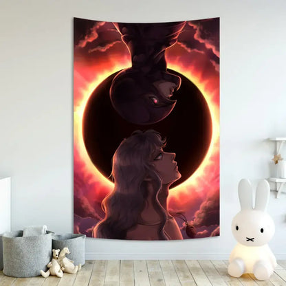Vibrant red and orange berserk sacrifice tapestry by decorbites with a woman and shadowy figure for bedroom decor