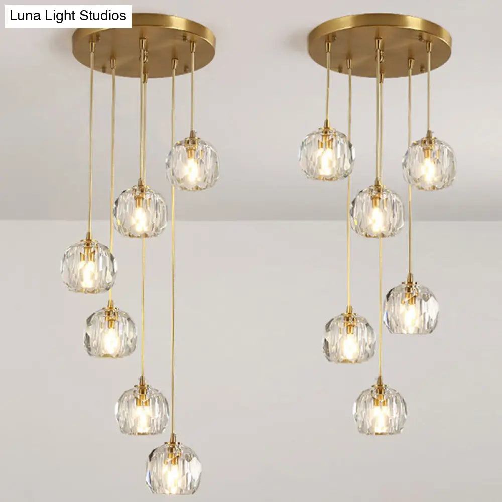 Beveled K9 Crystal Pendant Lamp in Brass Finish - Stylish Multi-Light Ceiling Fixture