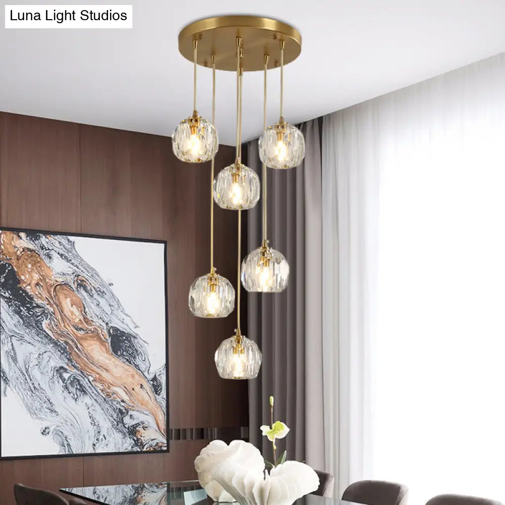 Beveled K9 Crystal Pendant Lamp in Brass Finish - Stylish Multi-Light Ceiling Fixture