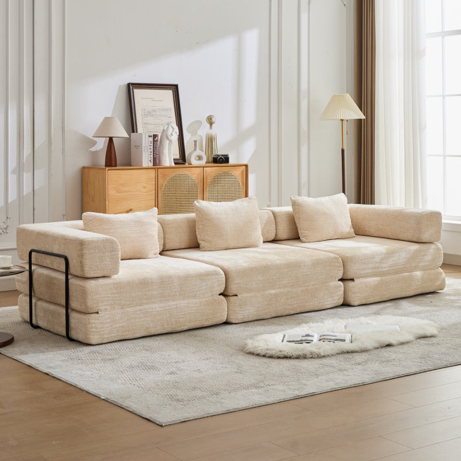 Sofá de Compresión, Sofá Cama Convertible para el Suelo con Marco de Forma Fija, Sofá Seccional Modular sin Huesos, Sin Ensamblaje Requerido, Tela de Chenille, para Sala de Estar y Dormitorio, Beige