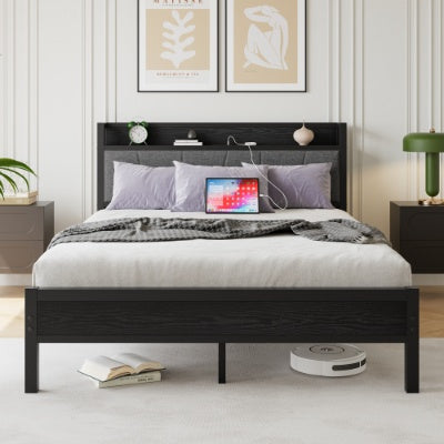 Estructura de Cama de Tamaño Queen, Cabecero con Almacenamiento y Estación de Carga, Sólida y Estable, No Requiere Colchón de Muelles, Ensamblaje Fácil