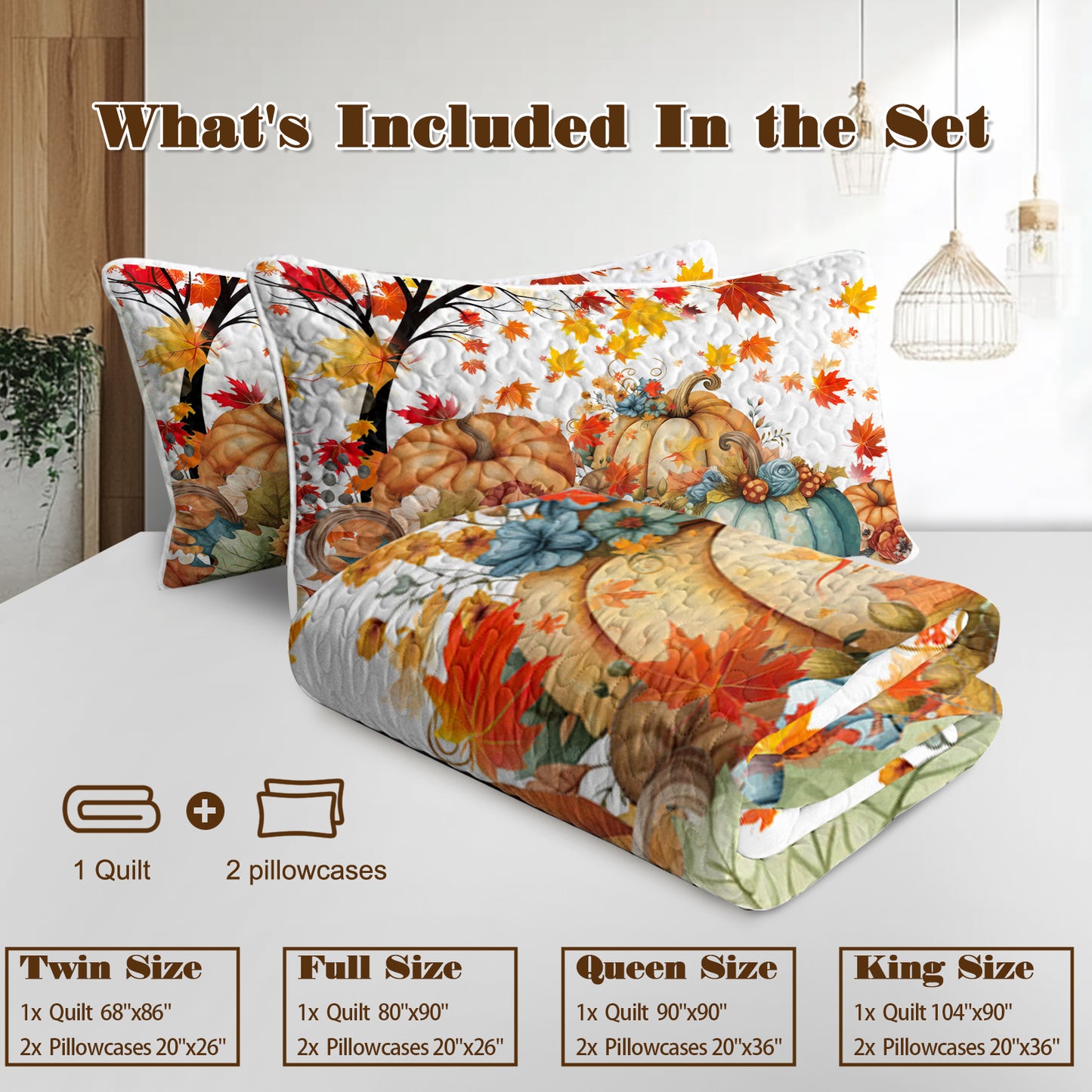 Autumn Theme 3 Pcs Quilt Set - Pumpkin Print Bedspread Coverlet