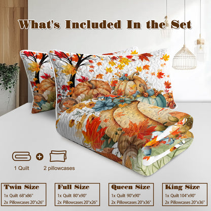 Autumn Theme 3 Pcs Quilt Set - Pumpkin Print Bedspread Coverlet