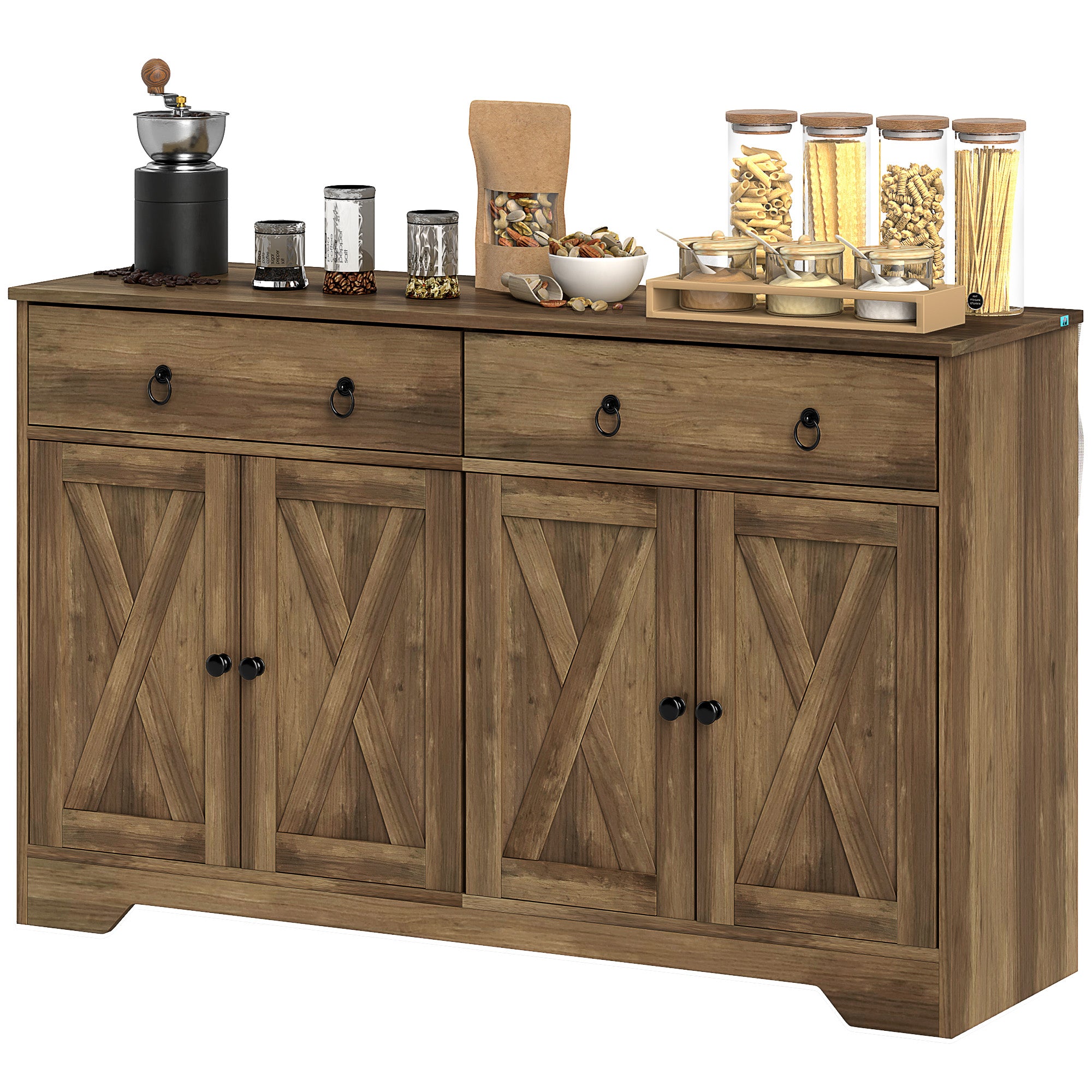 Aparador de Almacenamiento para Cocina, Buffet Estilo Granja con Puertas de Estilo Granero, Cajones, Estantes Ajustables, Marrón Claro