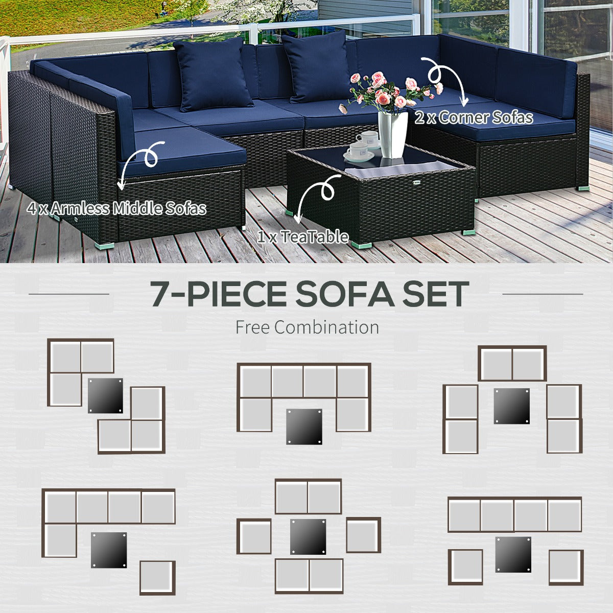 7 Piece Set Rattan Sofa Luxury Modular Conversation Outdoor Furniture - Deep Blue