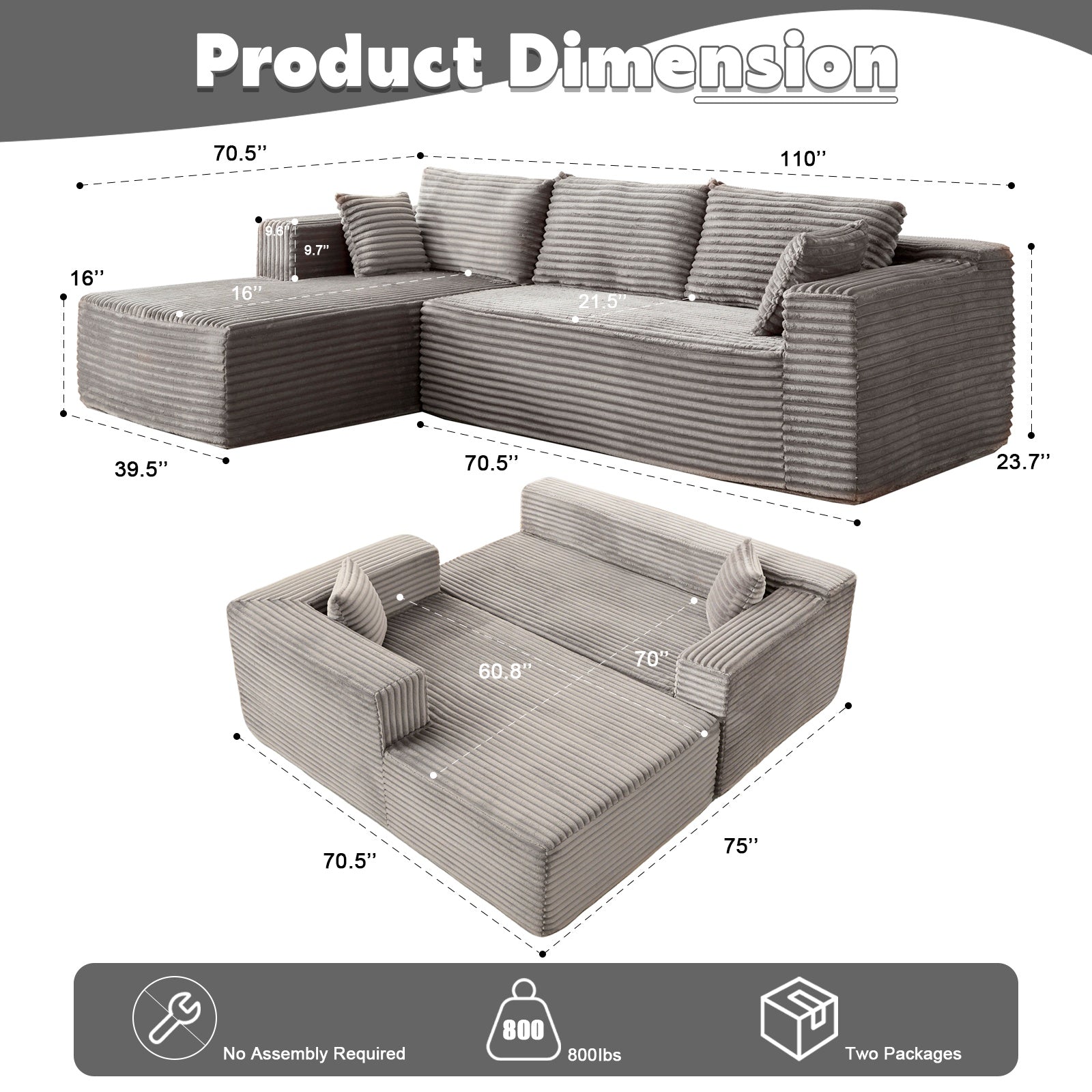 Sofá Cama de Compresión en Forma de L con Tela de Corduroy - Sofá Seccional Convertible, Sofá de Suelo Plegable para Dormir, Sala de Estar Ahorraespacio Similar al Franela para Apartamentos Pequeños, Sala de Estar y Sala de Juegos NO TUME