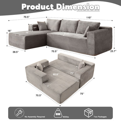 L-Shaped Compression Sofa Bed With Corduroy Fabric - Convertible Sectional Sofa, Foldable Floor Couch Sleeper, Space-Saving Flannel-Like Lounge For Small Apartments, Living Room & Game Room NO TUME