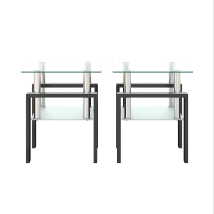 Set Of 2, Modern Tempered Glass Tea Table Coffee Table End Table, Square Table For Living Room, Transparent Black