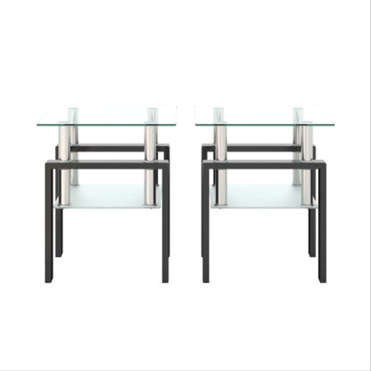 Set Of 2, Modern Tempered Glass Tea Table Coffee Table End Table, Square Table For Living Room, Transparent Black