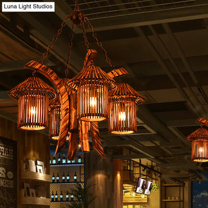 Bianca - Rustic Chandelier Light: 4-Lights Wood Lantern Pendant for Dining Room