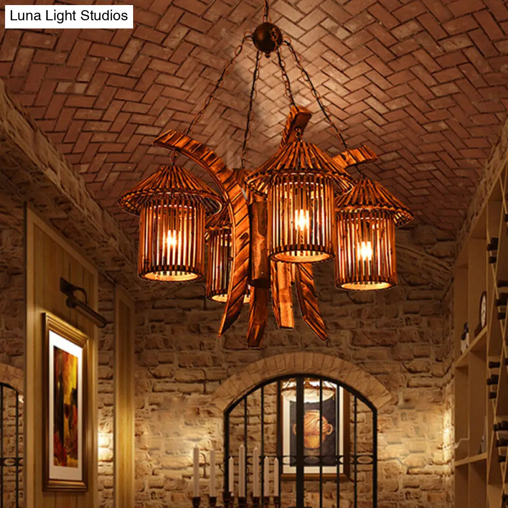 Bianca - Rustic Chandelier Light: 4-Lights Wood Lantern Pendant for Dining Room