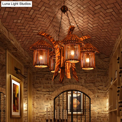 Bianca - Rustic Chandelier Light: 4-Lights Wood Lantern Pendant for Dining Room