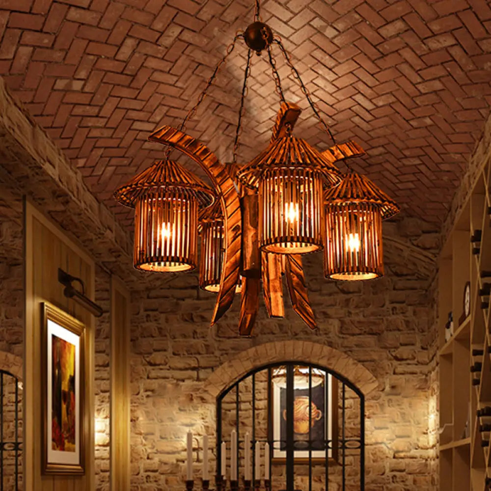 Bianca - Rustic Chandelier Light: 4-Lights Wood Lantern Pendant for Dining Room