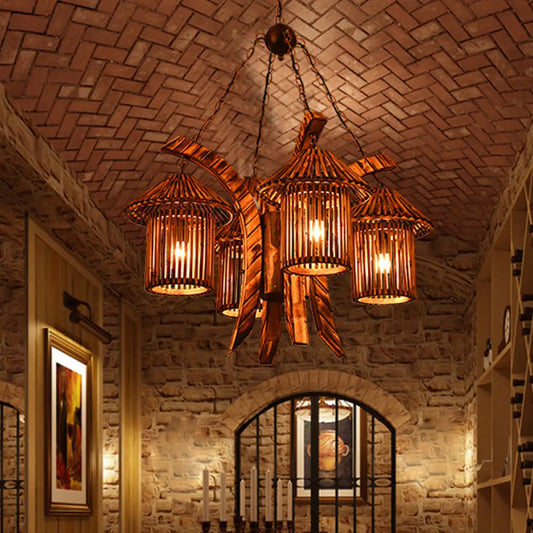 Bianca - Rustic Chandelier Light: 4-Lights Wood Lantern Pendant for Dining Room