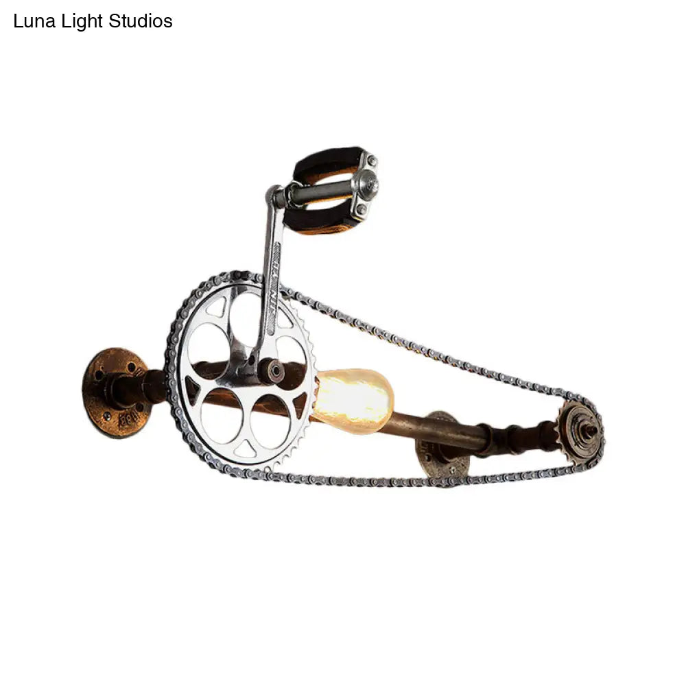 Aplique de pared industrial con diseño de bicicleta: 1 luz, bombilla desnuda, soporte metálico en bronce para casa de campo.