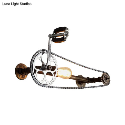 Aplique de pared industrial con diseño de bicicleta: 1 luz, bombilla desnuda, soporte metálico en bronce para casa de campo.